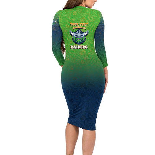 Personalized Canberra Raiders Long Sleeve Bodycon Dress Easter Mascot - Colorful Eggs Cartoon Style