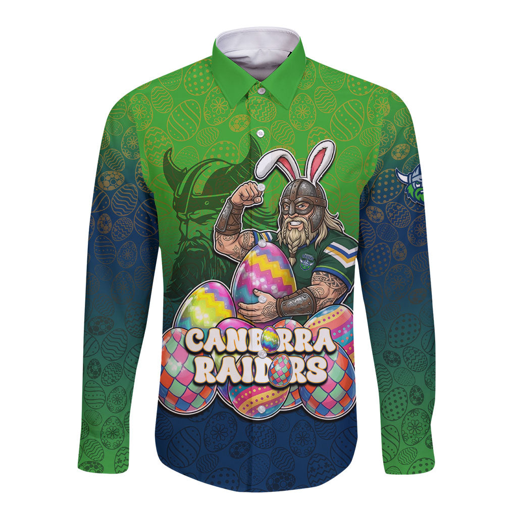 Personalized Canberra Raiders Long Sleeve Button Shirt Easter Mascot - Colorful Eggs Cartoon Style