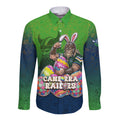 Personalized Canberra Raiders Long Sleeve Button Shirt Easter Mascot - Colorful Eggs Cartoon Style