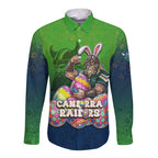 Personalized Canberra Raiders Long Sleeve Button Shirt Easter Mascot - Colorful Eggs Cartoon Style
