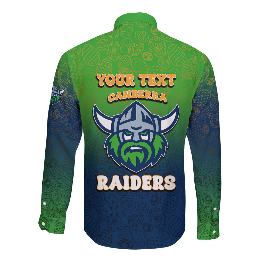 Personalized Canberra Raiders Long Sleeve Button Shirt Easter Mascot - Colorful Eggs Cartoon Style