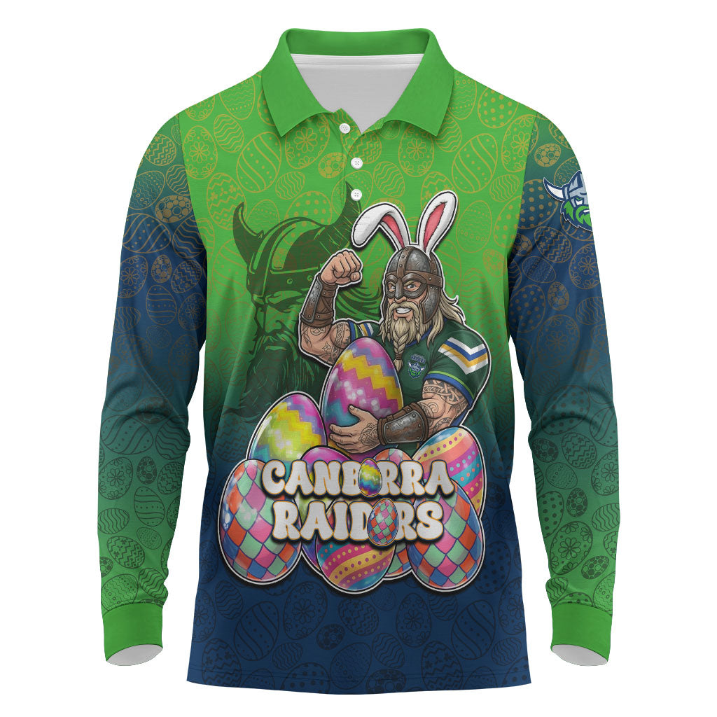 Personalized Canberra Raiders Long Sleeve Polo Shirt Easter Mascot - Colorful Eggs Cartoon Style