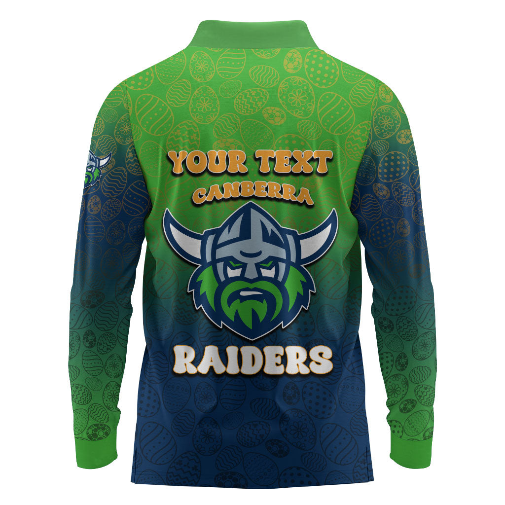 Personalized Canberra Raiders Long Sleeve Polo Shirt Easter Mascot - Colorful Eggs Cartoon Style
