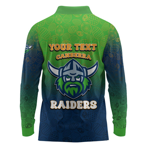 Personalized Canberra Raiders Long Sleeve Polo Shirt Easter Mascot - Colorful Eggs Cartoon Style