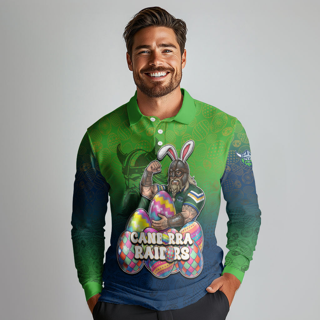 Personalized Canberra Raiders Long Sleeve Polo Shirt Easter Mascot - Colorful Eggs Cartoon Style