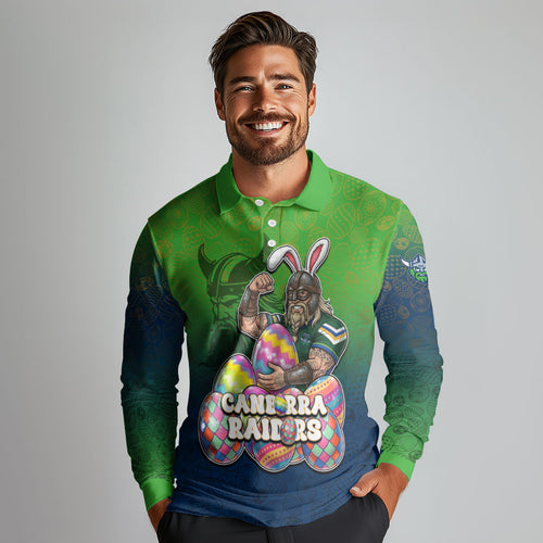 Personalized Canberra Raiders Long Sleeve Polo Shirt Easter Mascot - Colorful Eggs Cartoon Style