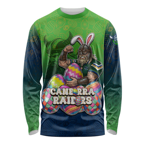 Personalized Canberra Raiders Long Sleeve Shirt Easter Mascot - Colorful Eggs Cartoon Style