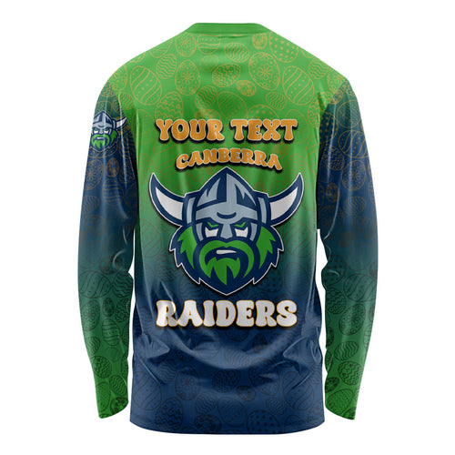 Personalized Canberra Raiders Long Sleeve Shirt Easter Mascot - Colorful Eggs Cartoon Style