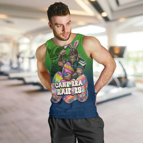 Personalized Canberra Raiders Men Tank Top Easter Mascot - Colorful Eggs Cartoon Style