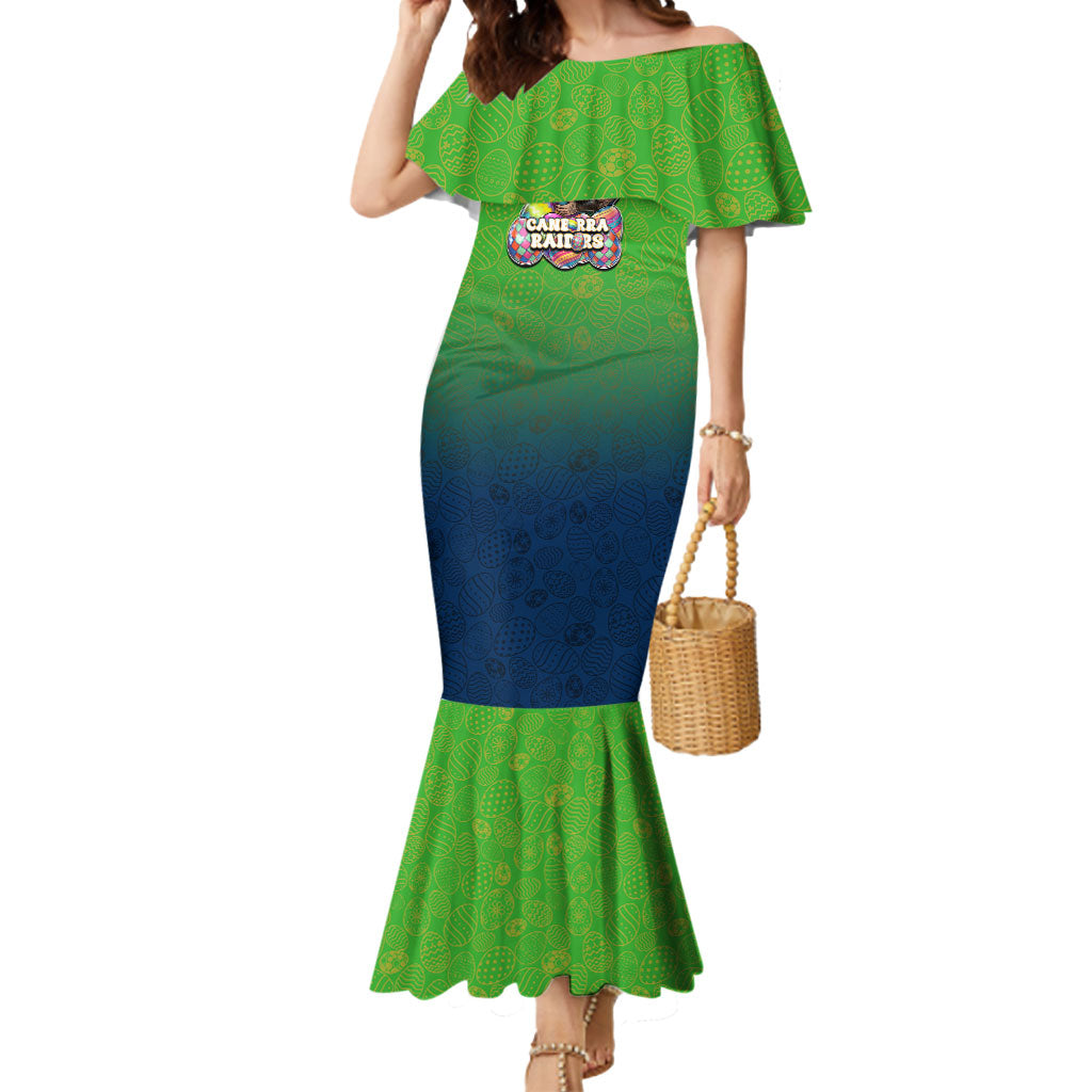 Personalized Canberra Raiders Mermaid Dress Easter Mascot - Colorful Eggs Cartoon Style