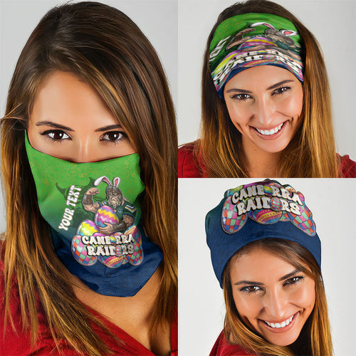 Personalized Canberra Raiders Neck Gaiter Easter Mascot - Colorful Eggs Cartoon Style