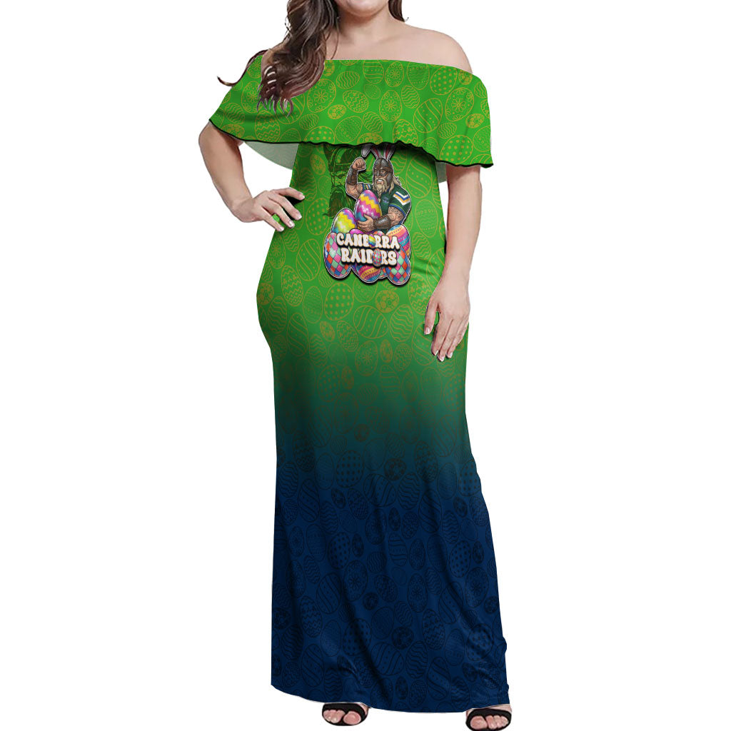 Personalized Canberra Raiders Off Shoulder Maxi Dress Easter Mascot - Colorful Eggs Cartoon Style