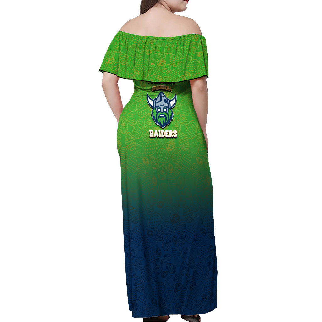 Personalized Canberra Raiders Off Shoulder Maxi Dress Easter Mascot - Colorful Eggs Cartoon Style