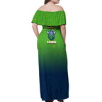Personalized Canberra Raiders Off Shoulder Maxi Dress Easter Mascot - Colorful Eggs Cartoon Style