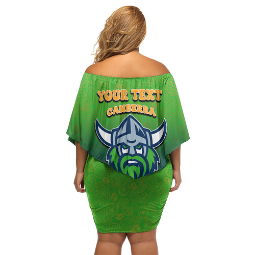 Personalized Canberra Raiders Off Shoulder Short Dress Easter Mascot - Colorful Eggs Cartoon Style