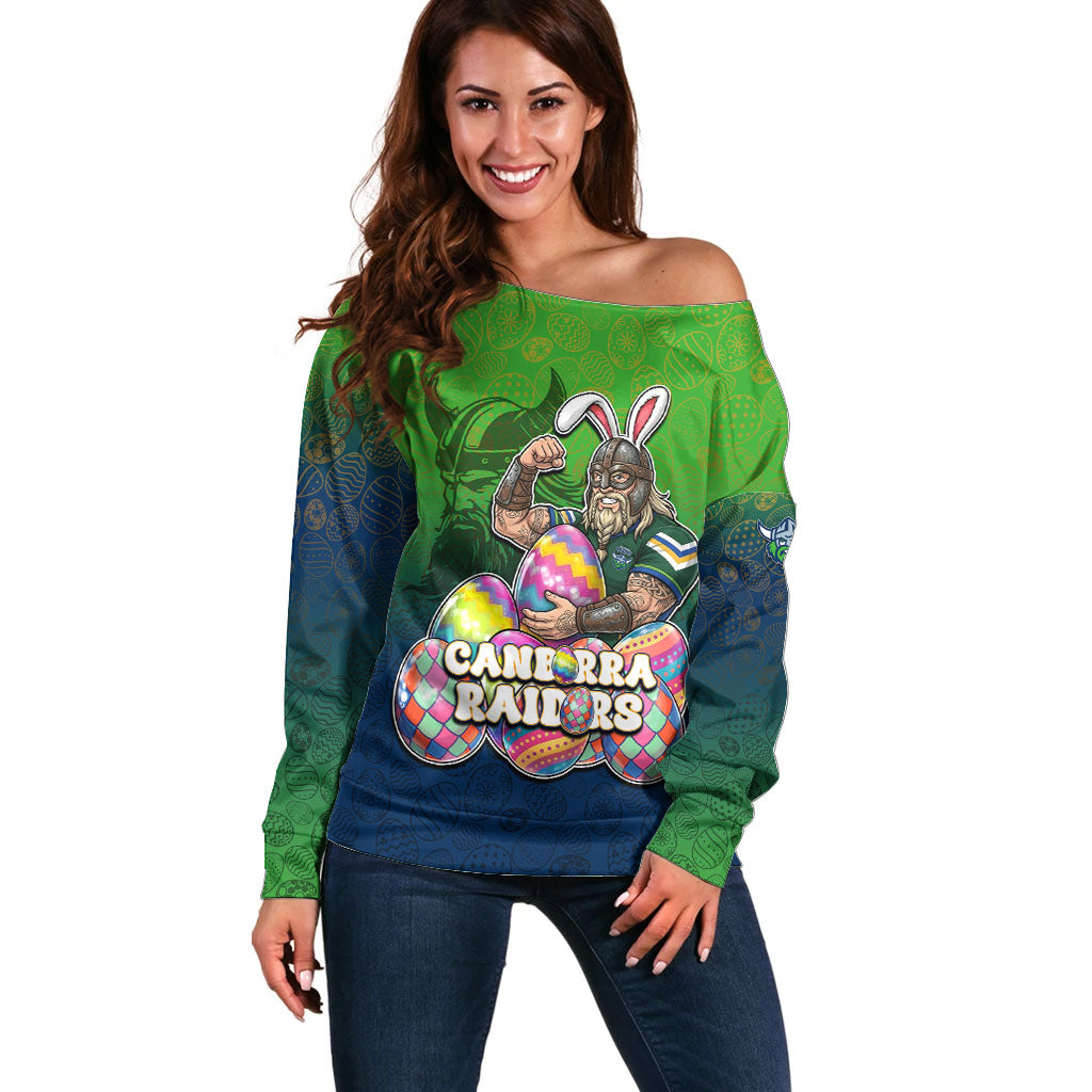 Personalized Canberra Raiders Off Shoulder Sweater Easter Mascot - Colorful Eggs Cartoon Style