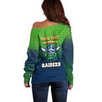 Personalized Canberra Raiders Off Shoulder Sweater Easter Mascot - Colorful Eggs Cartoon Style
