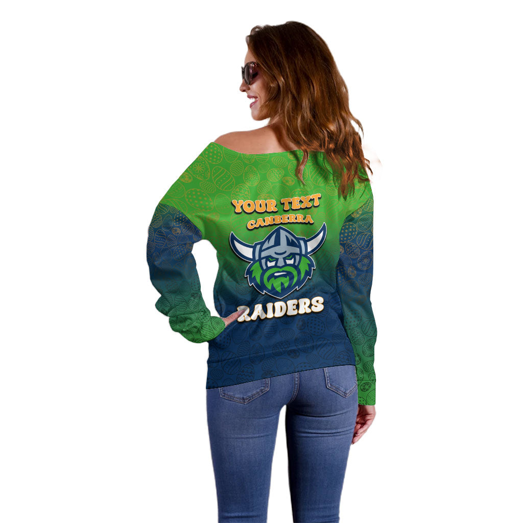 Personalized Canberra Raiders Off Shoulder Sweater Easter Mascot - Colorful Eggs Cartoon Style