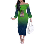 Personalized Canberra Raiders Off The Shoulder Long Sleeve Dress Easter Mascot - Colorful Eggs Cartoon Style