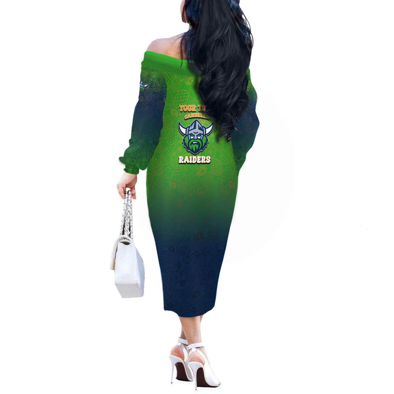 Personalized Canberra Raiders Off The Shoulder Long Sleeve Dress Easter Mascot - Colorful Eggs Cartoon Style