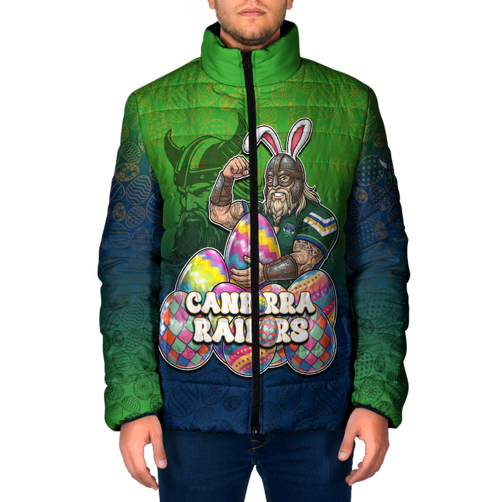 Personalized Canberra Raiders Padded Jacket Easter Mascot - Colorful Eggs Cartoon Style