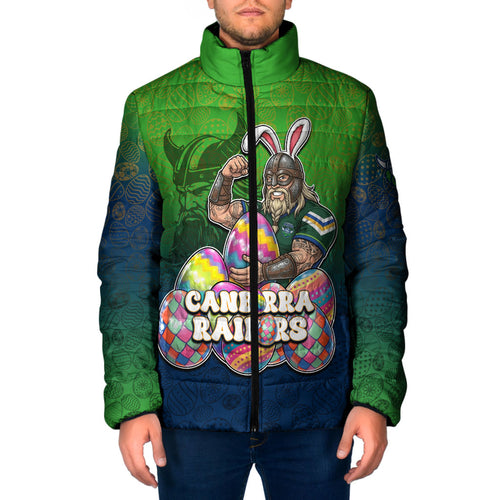 Personalized Canberra Raiders Padded Jacket Easter Mascot - Colorful Eggs Cartoon Style