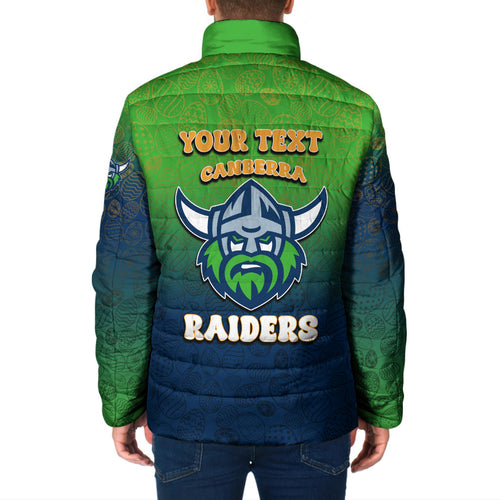 Personalized Canberra Raiders Padded Jacket Easter Mascot - Colorful Eggs Cartoon Style
