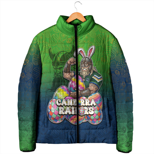 Personalized Canberra Raiders Padded Jacket Easter Mascot - Colorful Eggs Cartoon Style
