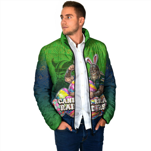 Personalized Canberra Raiders Padded Jacket Easter Mascot - Colorful Eggs Cartoon Style