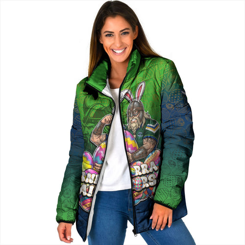Personalized Canberra Raiders Padded Jacket Easter Mascot - Colorful Eggs Cartoon Style