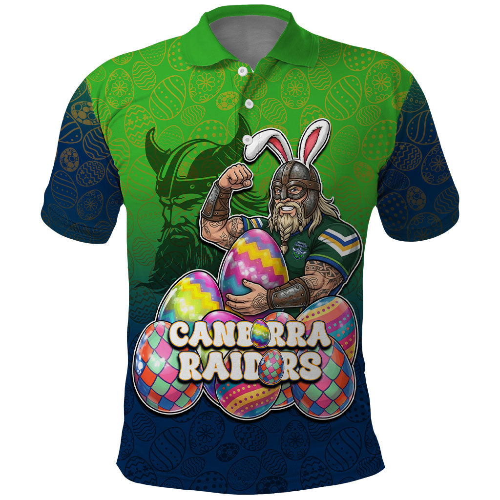 Personalized Canberra Raiders Polo Shirt Easter Mascot - Colorful Eggs Cartoon Style
