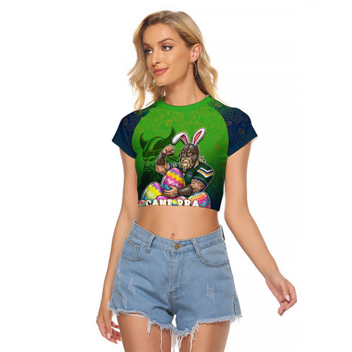 Personalized Canberra Raiders Raglan Cropped T Shirt Easter Mascot - Colorful Eggs Cartoon Style