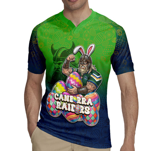 Personalized Canberra Raiders Rugby Jersey Easter Mascot - Colorful Eggs Cartoon Style