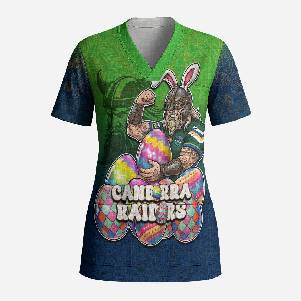 Personalized Canberra Raiders Scrub Top Easter Mascot - Colorful Eggs Cartoon Style