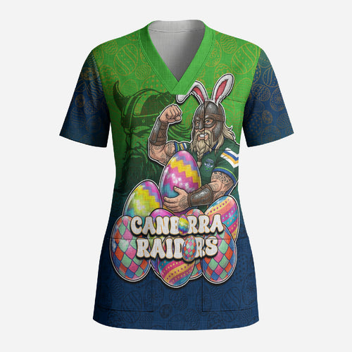 Personalized Canberra Raiders Scrub Top Easter Mascot - Colorful Eggs Cartoon Style