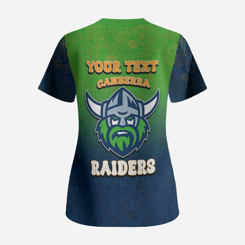 Personalized Canberra Raiders Scrub Top Easter Mascot - Colorful Eggs Cartoon Style