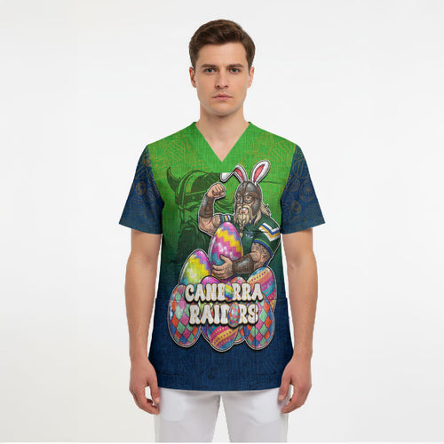 Personalized Canberra Raiders Scrub Top Easter Mascot - Colorful Eggs Cartoon Style
