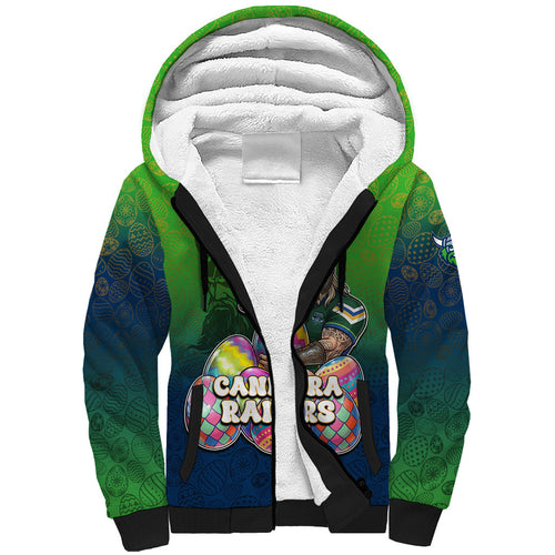 Personalized Canberra Raiders Sherpa Hoodie Easter Mascot - Colorful Eggs Cartoon Style