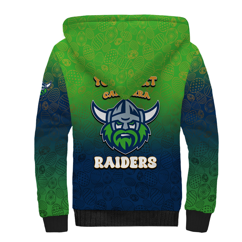 Personalized Canberra Raiders Sherpa Hoodie Easter Mascot - Colorful Eggs Cartoon Style