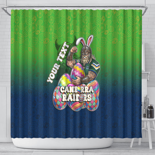 Personalized Canberra Raiders Shower Curtain Easter Mascot - Colorful Eggs Cartoon Style