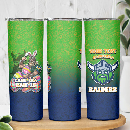 Personalized Canberra Raiders Skinny Tumbler Easter Mascot - Colorful Eggs Cartoon Style