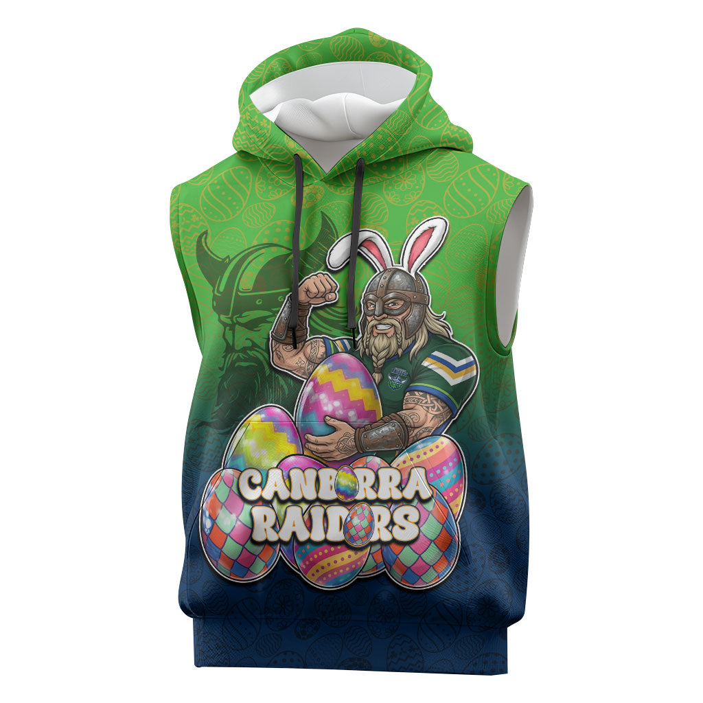 Personalized Canberra Raiders Sleeveless Hoodie Easter Mascot - Colorful Eggs Cartoon Style
