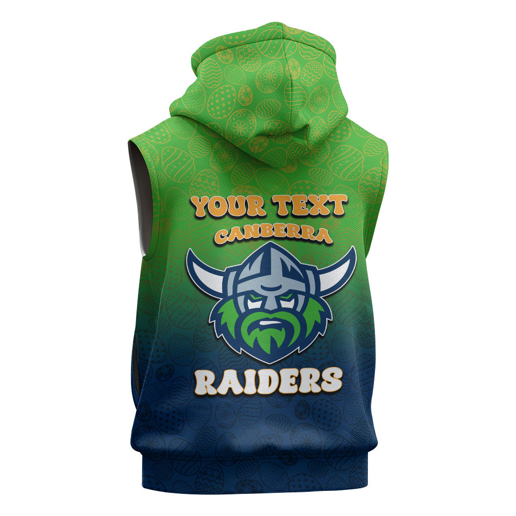 Personalized Canberra Raiders Sleeveless Hoodie Easter Mascot - Colorful Eggs Cartoon Style