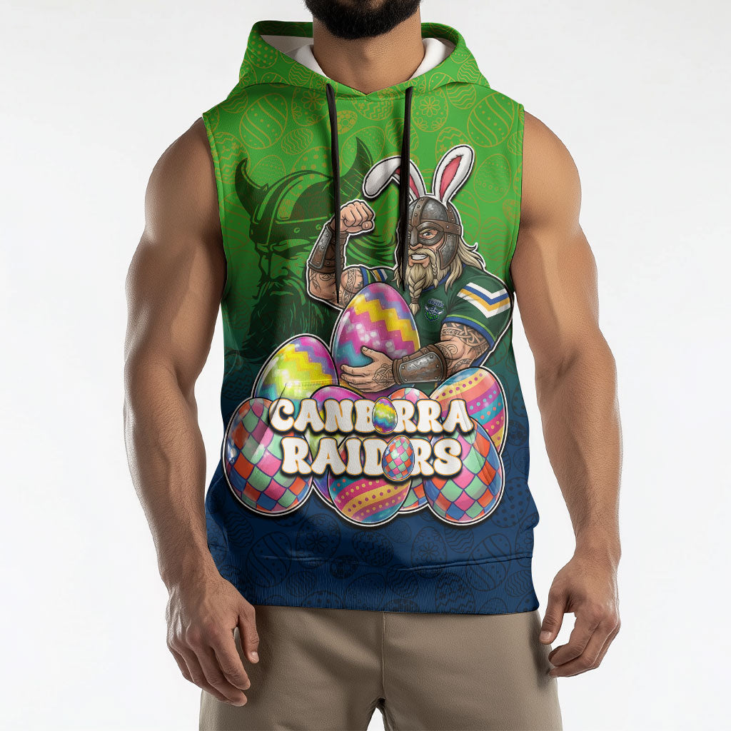 Personalized Canberra Raiders Sleeveless Hoodie Easter Mascot - Colorful Eggs Cartoon Style