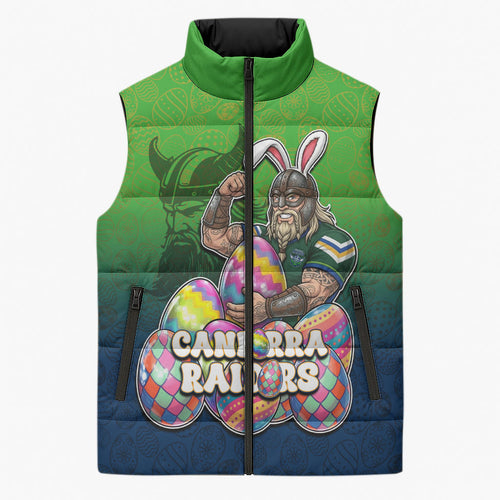 Personalized Canberra Raiders Sleeveless Puffer Jacket Easter Mascot - Colorful Eggs Cartoon Style