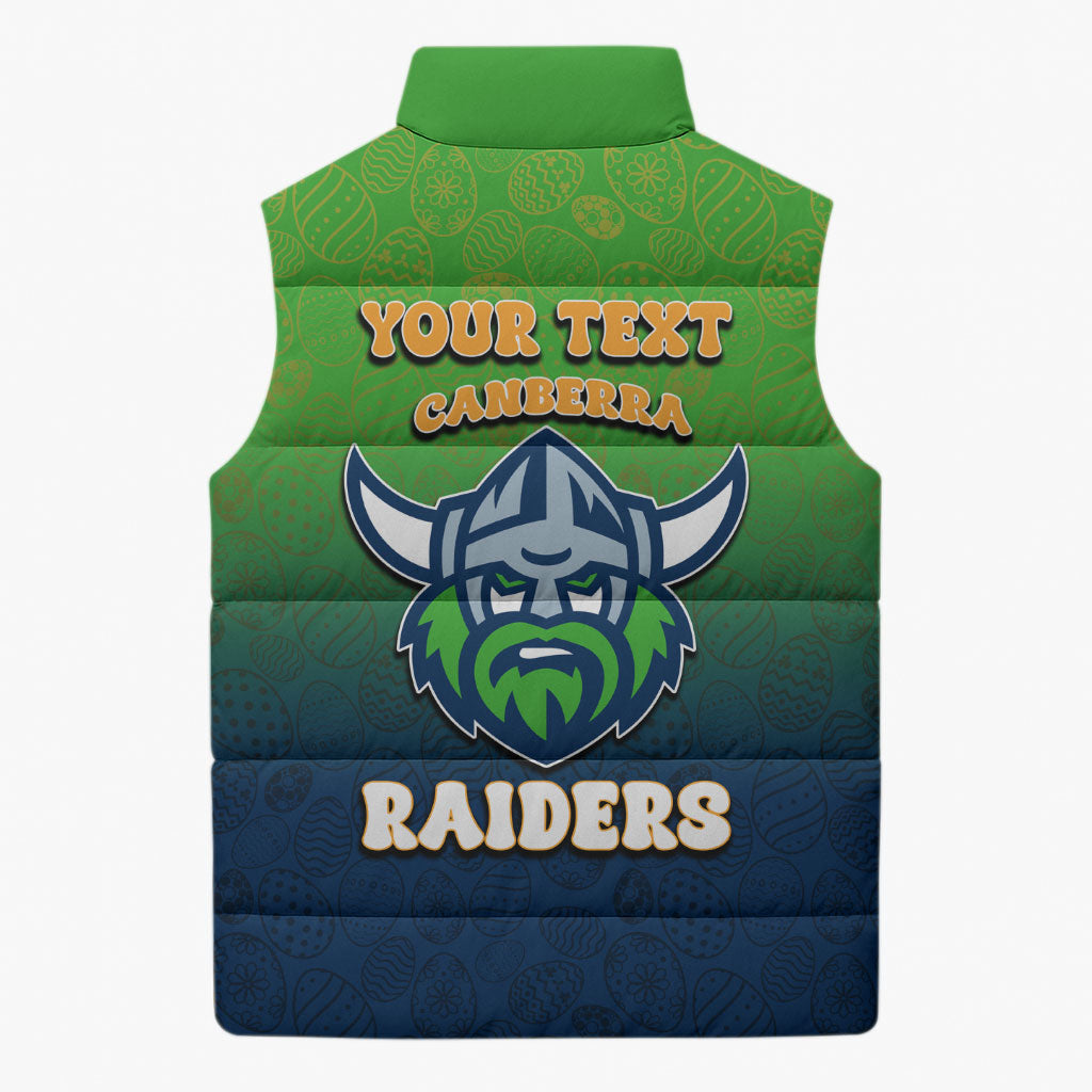 Personalized Canberra Raiders Sleeveless Puffer Jacket Easter Mascot - Colorful Eggs Cartoon Style