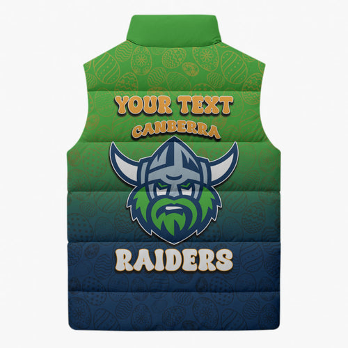 Personalized Canberra Raiders Sleeveless Puffer Jacket Easter Mascot - Colorful Eggs Cartoon Style