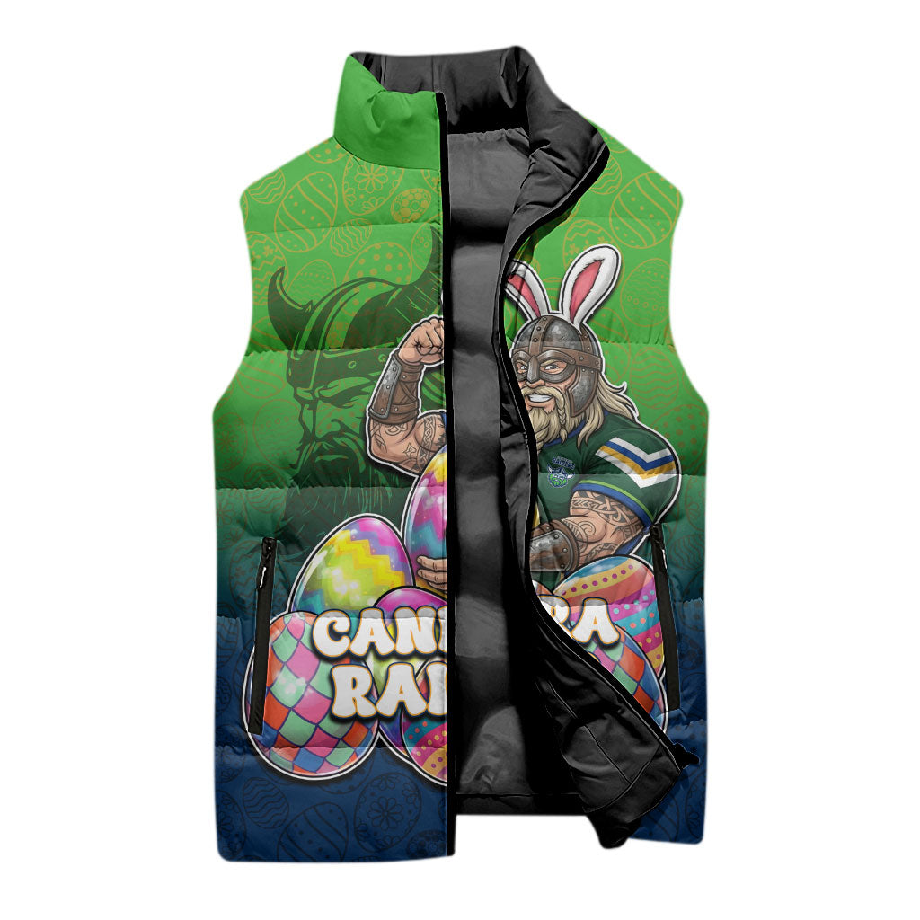 Personalized Canberra Raiders Sleeveless Puffer Jacket Easter Mascot - Colorful Eggs Cartoon Style