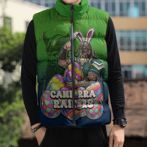 Personalized Canberra Raiders Sleeveless Puffer Jacket Easter Mascot - Colorful Eggs Cartoon Style