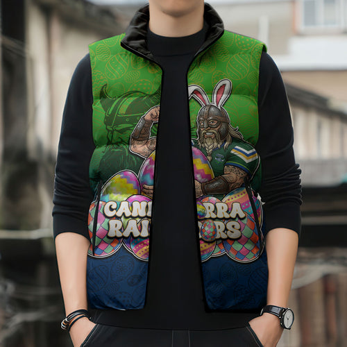 Personalized Canberra Raiders Sleeveless Puffer Jacket Easter Mascot - Colorful Eggs Cartoon Style
